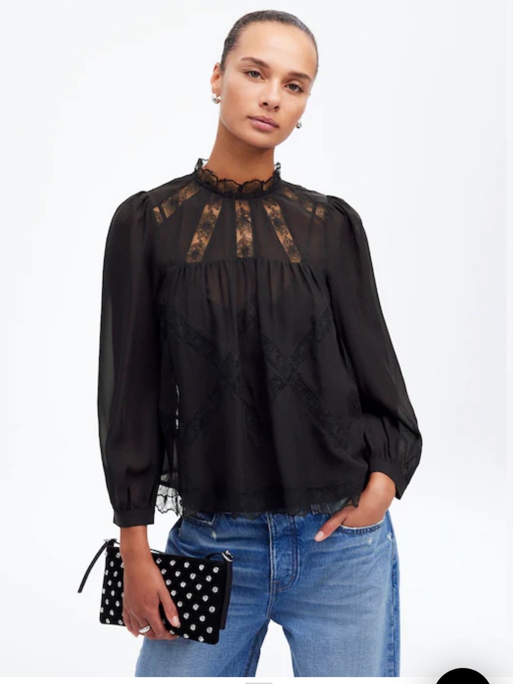 Madewell Lace-inset top in silk long sleeve semi sheer black top small NWOT